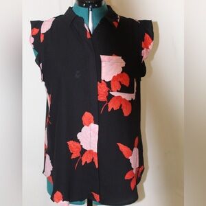Who What Wear Sleeveless Blouse Black Red Pink Floral Button-Up Ruffle Women’s M